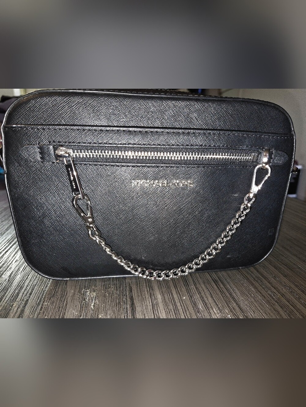 Michael Kors Black Saffiano Crossbody with Silver Chain